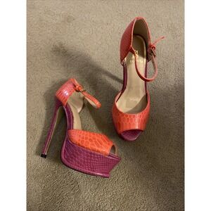 SCENE PLATFORM "CANDI" HEELS W/ANKLE STRAP FUCHSIA/ORANGE COLOR-BLOCK DESIGN 5.5